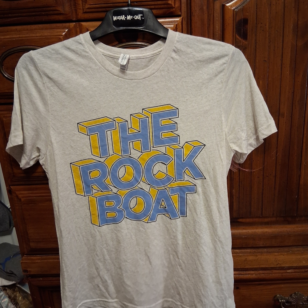 Light Cream Colored Short Sleeve Tee with Blue & Yellow 'THE ROCK BOAT' Graphic